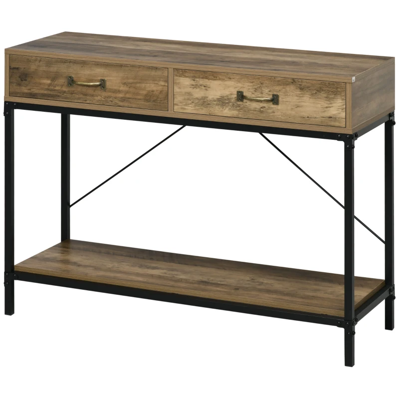 HOMCOM consoletafel entreetafel bijzettafel 2 laden onderblad vintage metaal spaanplaat bruin + zwart 100 x 35 x 76.5 cm