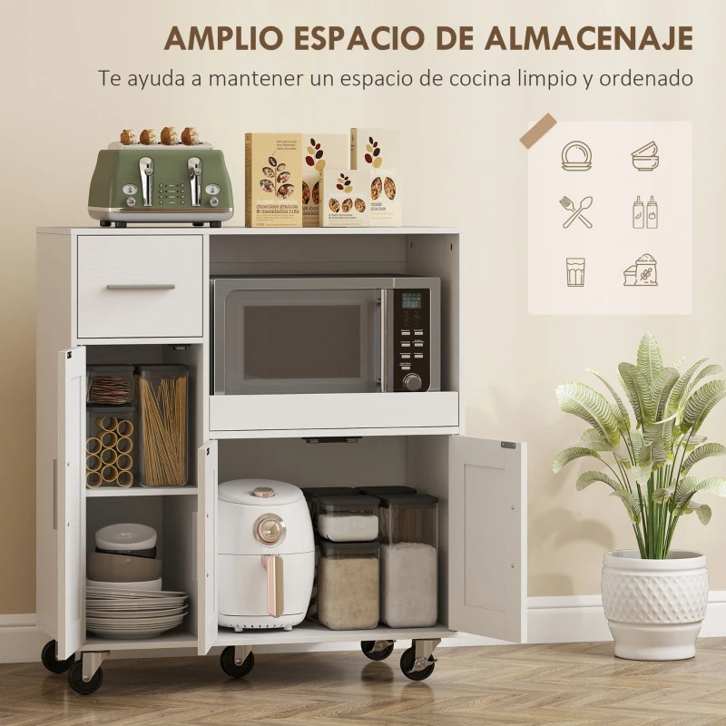 HOMCOM Mueble Auxiliar de Cocina con Ruedas Aparador de Cocina para Microondas con Bandeja Deslizante 80x40x88,7 cm Blanco
