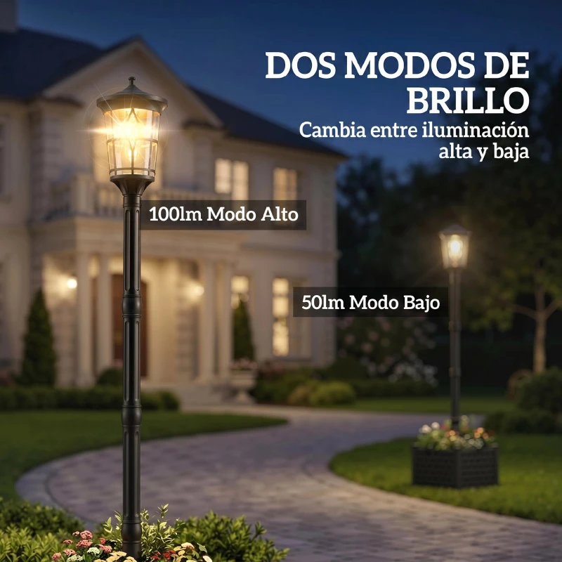Outsunny Farola Solar Exterior de Jardín con Macetero 2 Modos de Brillo 100/50 lm IP44 Encendido/Apagado Automático Negro