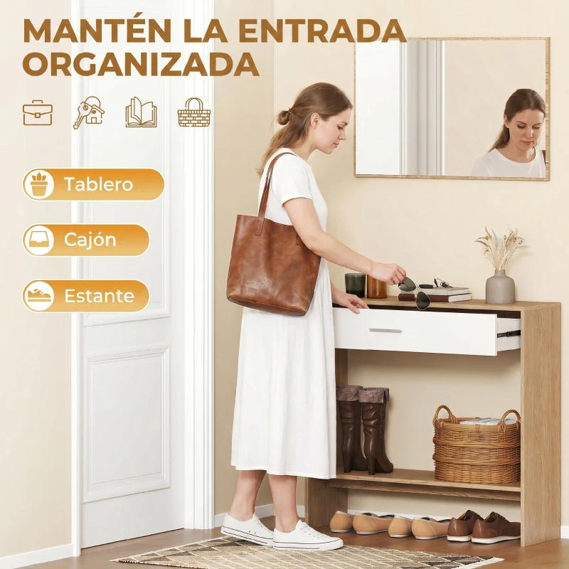 HOMCOM Recibidor de Entrada con Espejo Cajón y Estante Mueble de Recibidor para Pasillo 91,5x27,9x85,5 cm Roble