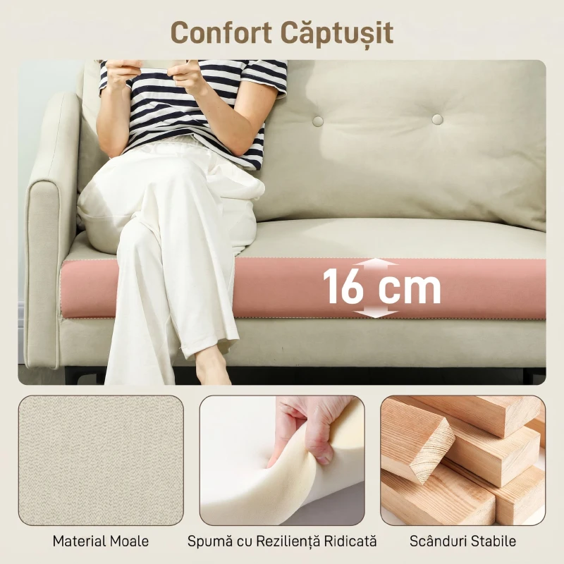 HOMCOM Canapea cu 2 Locuri Modernă cu Spătar Matlasat cu Butoane și Acoperire în Velluto, 124x73x92 cm, Crem