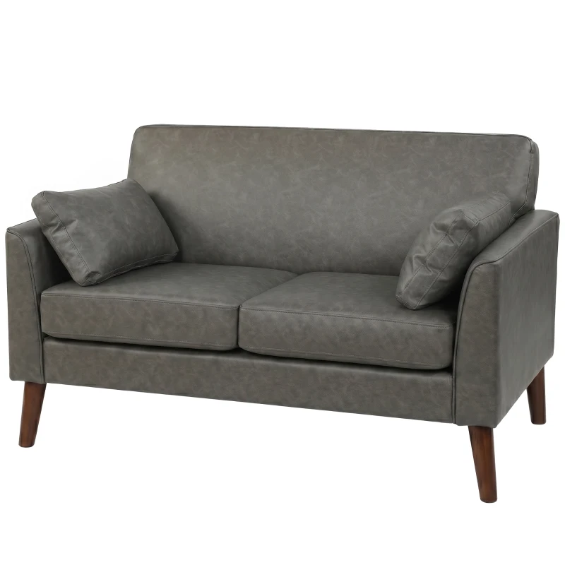 HOMCOM 2 Seater Sofa, 132 cm Modern Small Sofa with Solid Wood Legs and 2 Pillows for Small Space, Grey