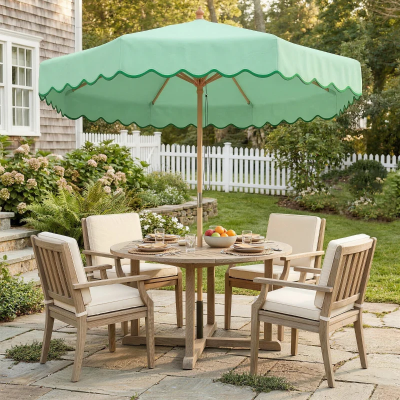 Outsunny Parasol de Jardin Rond avec Volants Rétro Chic Aspect Bois Protection Solaire UV 230cm Vert Clair