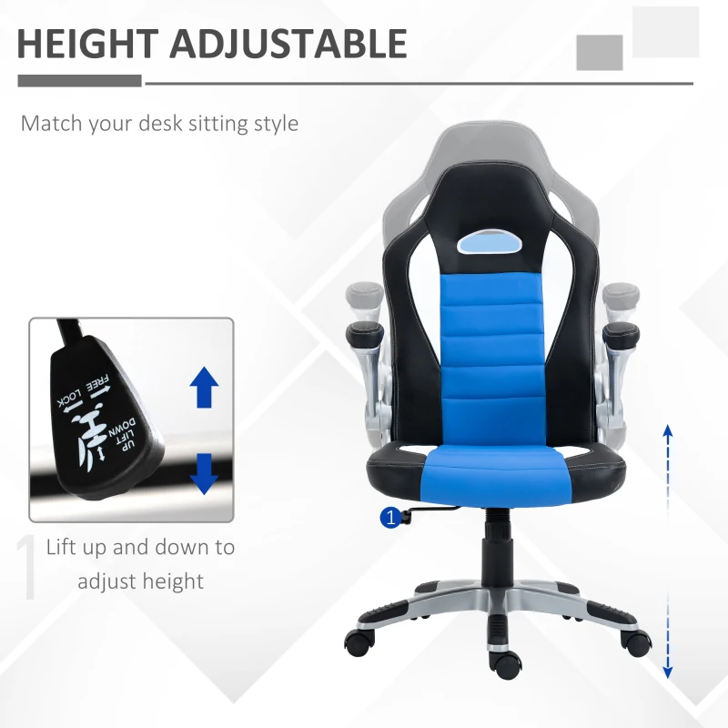 HOMCOM Racing Gaming Chair PU Leather Office Chair Executive Computer Desk Chair with Adjustable Height, Flip Up Armrest, Swivel Wheels, Blue