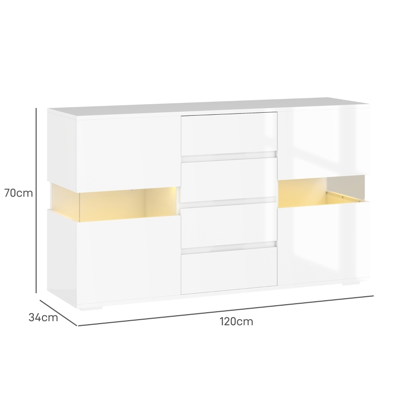 HOMCOM Bufet Modern cu LED Reglabil cu Telecomandă, 4 Sertare și 2 Dulapuri, 120x34x70 cm, Alb