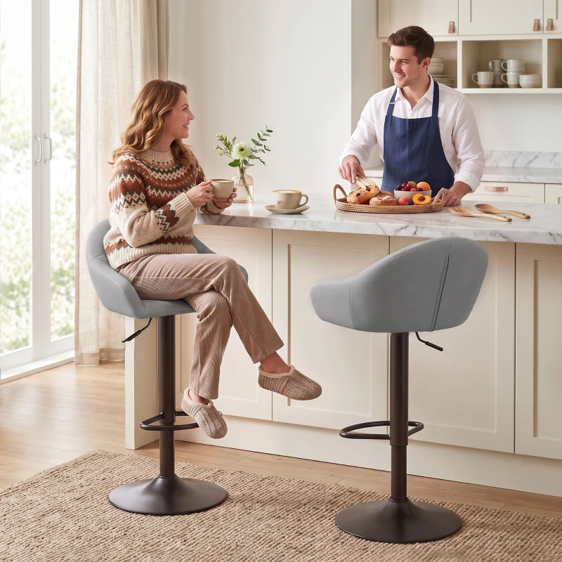 HOMCOM Bar Stools Adjustable Heights Breakfast Bar Stools Backrest Armrests Set of 2 with Rubber Ring Metal Base, Grey