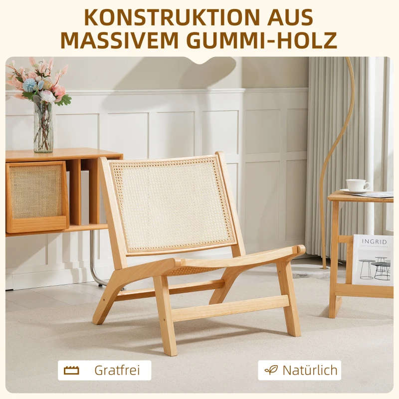 HOMCOM Rotanstoel, Leesstoel, Houten Frame, Brede Zitting, 64 x 70 x 74 cm, Natuurhout