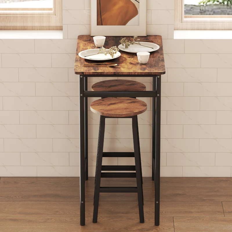 HOMCOM Bar Stools Set of 2 Breakfast Bar Stools with Footrest, Industrial Round, 32 x 32 x 65 cm, Rustic Brown