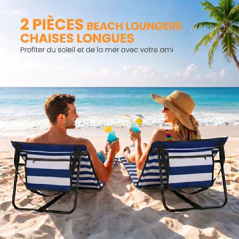Outsunny Lot de 2 tapis de plage rembourré dossier inclinable multi-positions sangle de transport inclus métal polyester