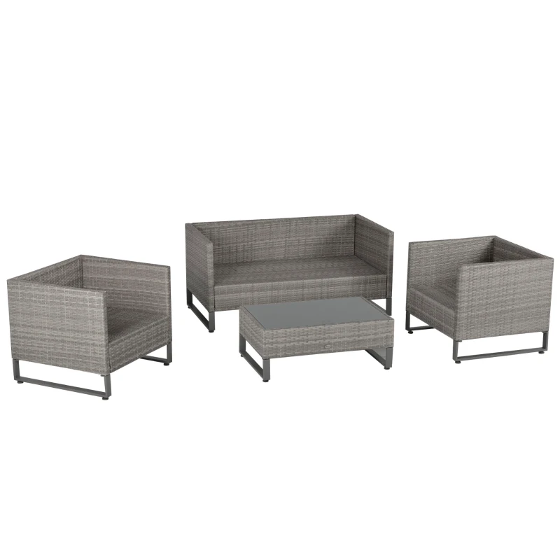 Outsunny 4 Pieces PE Rattan Garden Furniture with Cushion, Outdoor Wicker Conservatory Sofa Set w/ Armchairs, Loveseat, Glass Top Coffee Table, Grey