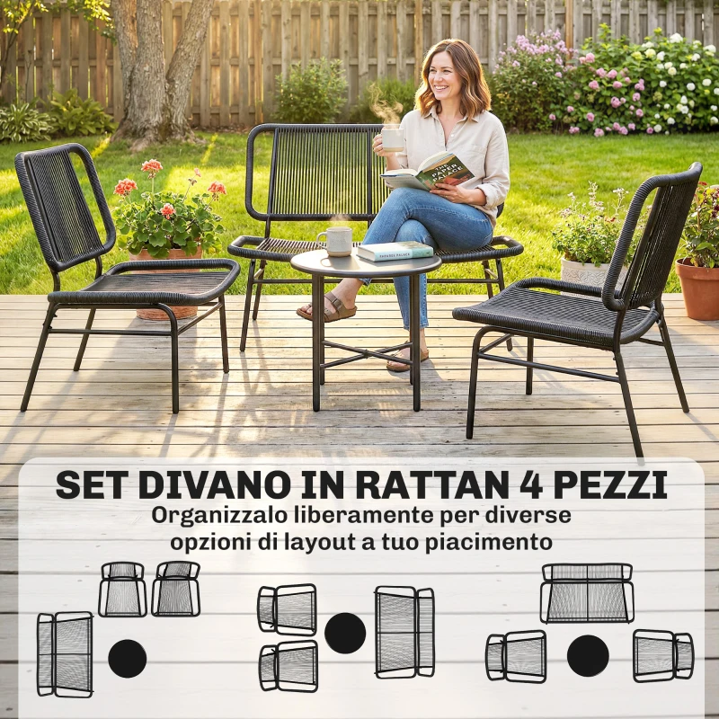 Outsunny Set Mobili Giardino Rattan 4 Pezzi, Divano Esterno con Tavolino Metallo, Nero