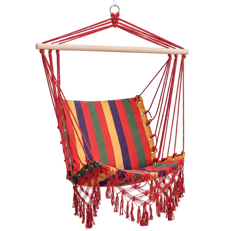 Outsunny Silla Hamaca Colgante Tejido de Algodón Poliéster Carga 100 kg Sillón Colgante para Interior Exterior Terraza 100x60x100 cm Multicolor