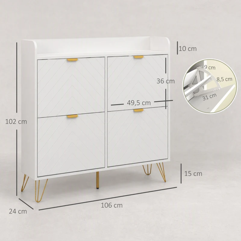 HOMCOM Meuble à chaussures 4 abattants, avec étagère réglable, rangement chaussure 106 x 24 x 102 cm, blanc(m-3)