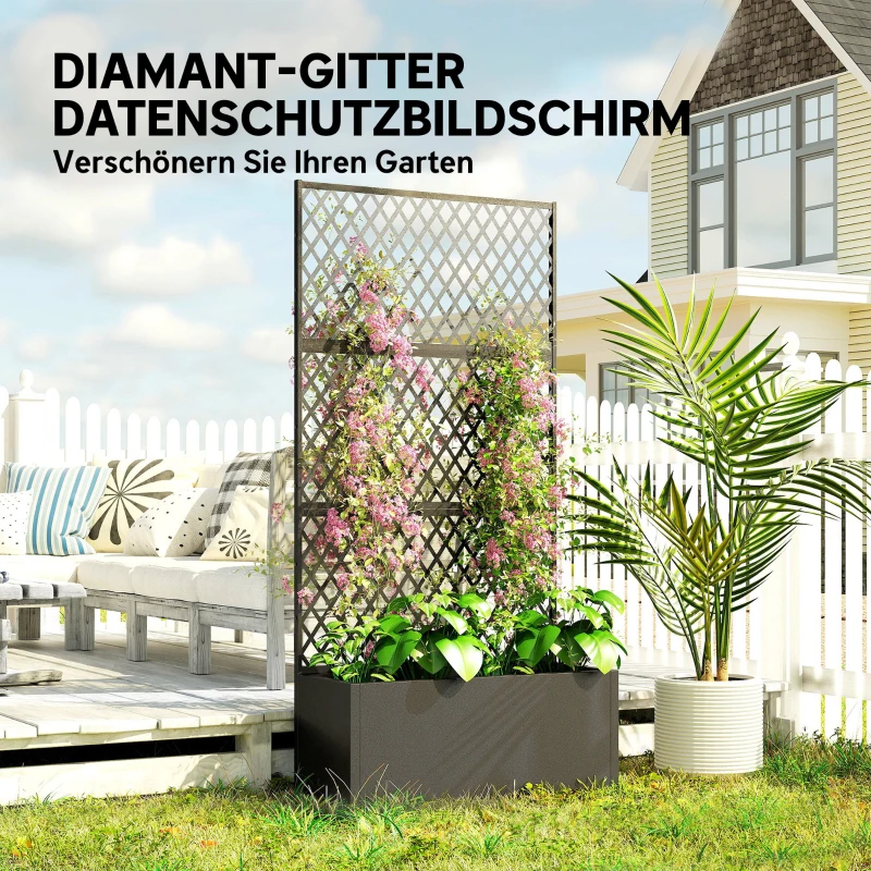 Outsunny metalen hoogbed met klimrek, buiten plantenbak met ruitpatroon-rooster als zichtscherm voor bloemen