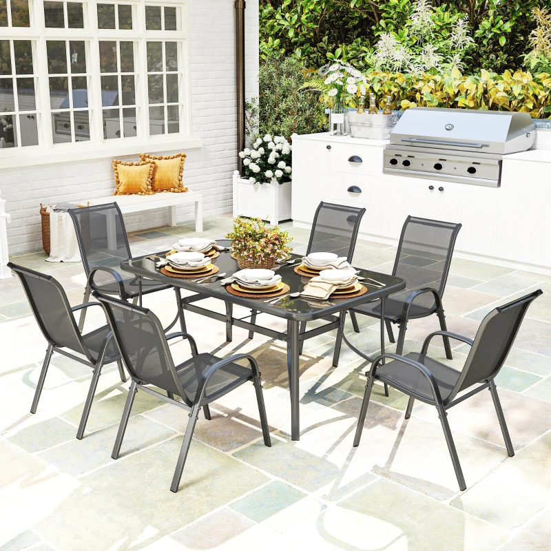 Outsunny Juego de Mesa y 6 Sillas para Terraza con Orificio para Sombrilla y Encimera de Cristal para Terraza Patio Gris