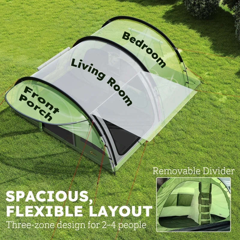 Outsunny 4 Person Easy Setup Family Camping Tent with 2 Rooms, Waterproof Tunnel Tent w/ Sewn In Groundsheet, Green & Grey