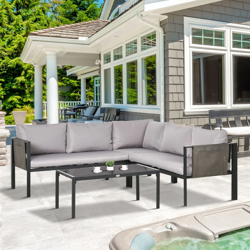 Outsunny Set da Giardino 4 Pezzi con 2 Divanetti, Poltrona Angolare e Tavolino da Caffè in Vetro Temperato