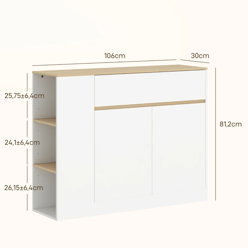 HOMCOM Mueble de Almacenamiento Aparador amplio compartimento de armario 3 estantes cajón 105x30x81,5 cm Blanco/Madera