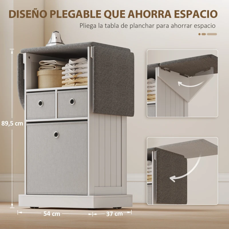 HOMCOM Mueble de Plancha con Ruedas Tabla de Planchar Plegable 3 Cajones de Tela 121x37x89,5 cm Blanco