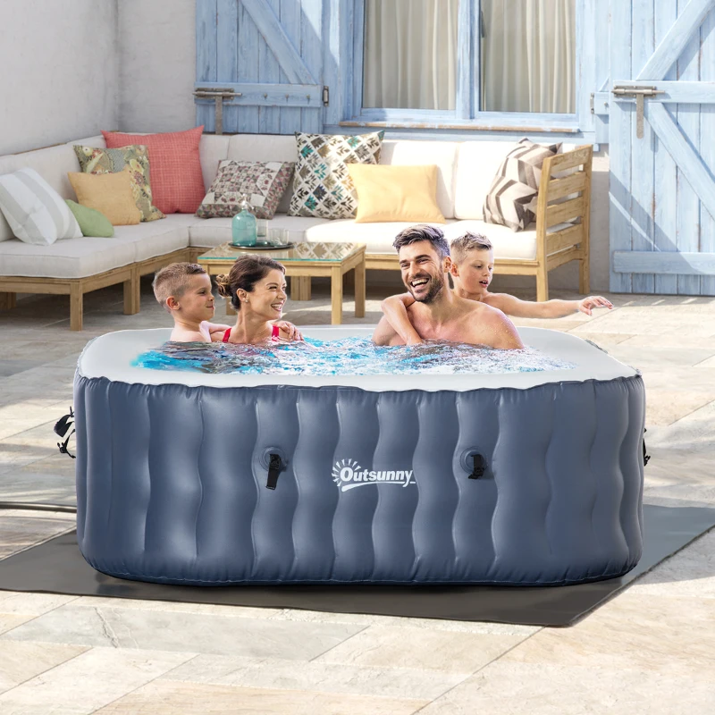 Outsunny Spa Hinchable Cuadrado para 4 Personas 930L 180x180x68 cm con 108 Chorros de Masaje Azul