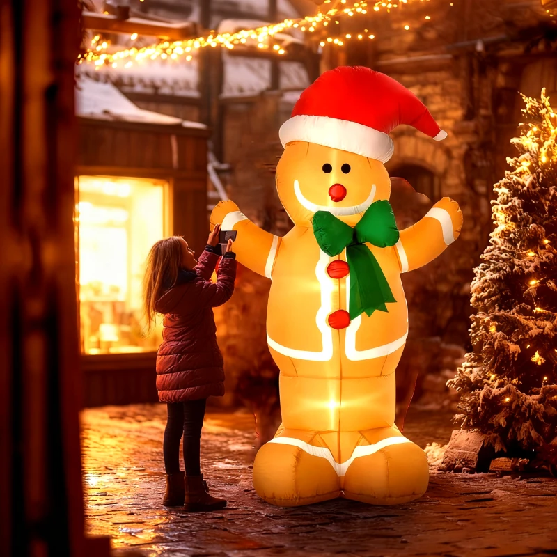 HOMCOM Opblaasbare kerstdecoratie 1,83 m – Peperkoekman met strik, 3 LED's en ingebouwde opblaspomp