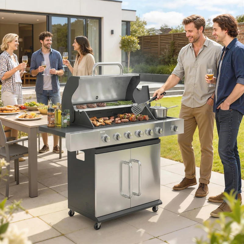 Outsunny Barbecue a Gas Propano a 6 Fuochi con Bruciatore Laterale, 63.000 BTU, Argento e Nero