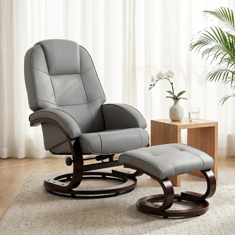 HOMCOM Swivel Recliner Chair with Footstool, PU Leather Recliner Armchair with Adjustable Back and Wood Frame, Grey