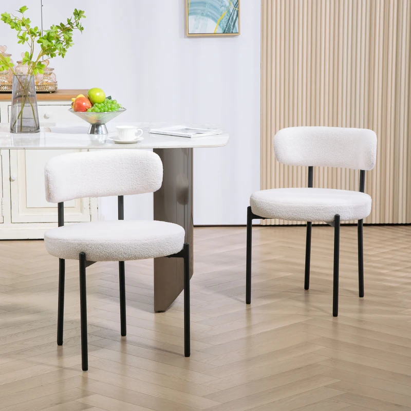 HOMCOM Set van 2 Eetstoelen, Fleece-bekleding, Stoelen met Beklede Zitting, Metalen Poten, Crème
