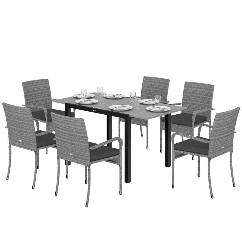 Outsunny 7 Piece Rattan Garden Furniture Set, 6 Seater Garden Table and 6 Stackable Chairs with Extendable Acacia Wood Tabletop