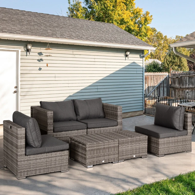 Outsunny Conjunto de Muebles de Jardín 8 Piezas de Ratán Sintético con 2 Mesas Reposapiés y Cojines para Patio Terraza Marrón y Gris