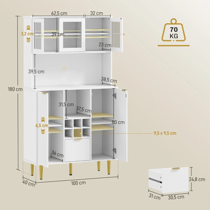 HOMCOM Alacena de Cocina Moderna con Armarios Cajón Botellero y Puertas de Vidrio y Estantes Ajustables 100x40x180 cm Blanco