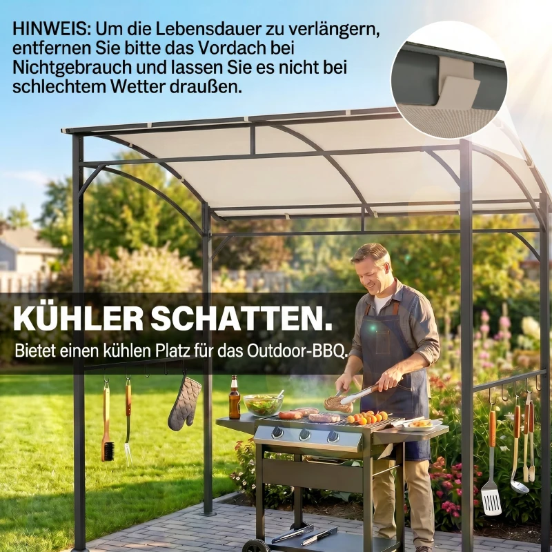Outsunny Grillpavillon, Grillüberdachung, Regenschutz, Haken für Utensilien, Stahlrahmen, Beige+Schwarz, 215 x 150 x 182/220 cm