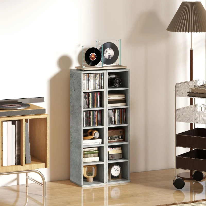 HOMCOM Set of 2 CD Media Display Shelf Unit Tower Rack with Adjustable Shelves, Cement Grey