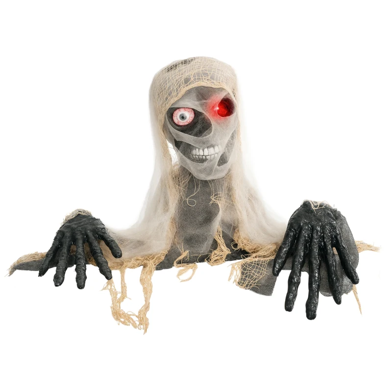 HOMCOM Halloween Decoratie, Eenogige Mummie, Buigzame Armen, Gloeiende Ogen, Griezelig Gehuil, 55x18x35 cm