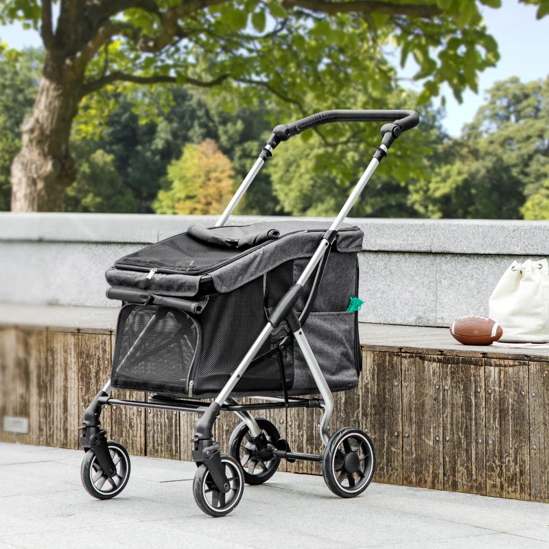 PawHut Poussette pour chien 4 roues légère et pliable, coussin lavable, laisse de sécurité, fenêtre à mailles multiples, gris