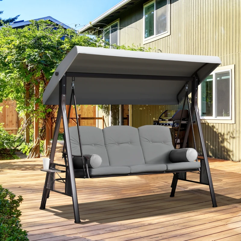 Outsunny Dondolo da Giardino 3 Posti con Tetto Regolabile, Portabicchieri e Cuscini, 208x121x172 cm, Grigio Chiaro