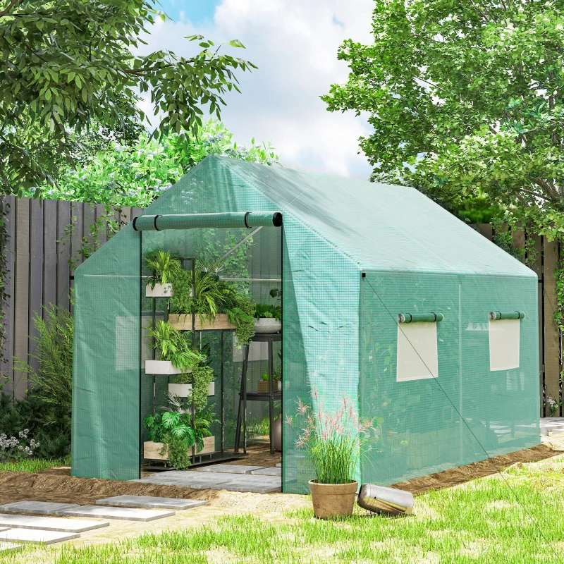Outsunny Serre de jardin tunnel 2 x 3m, 6m² avec porte enroulable, 4 fenêtres, - Acier galvanisé PE Haute densité Vert