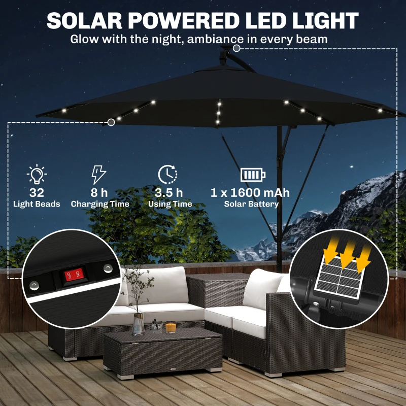 Outsunny 3 m Cantilever Parasol with Solar LED Lights Garden Umbrella with Cross Base, Black