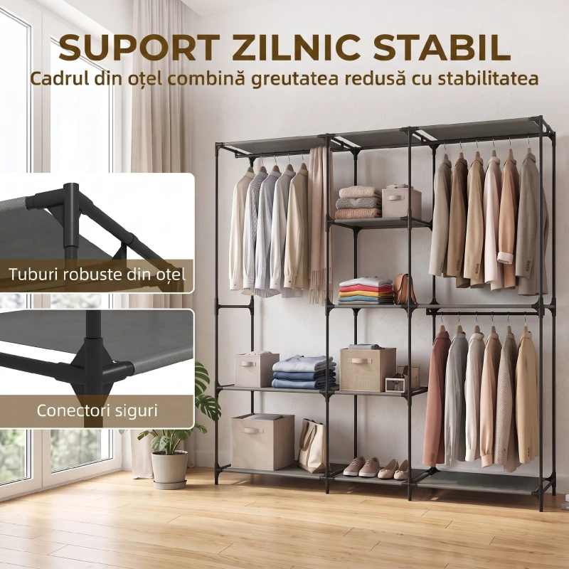 HOMCOM Dulap Textil Compact cu 3 Bare pentru Umerașe, 5 Rafturi și Structură din Oțel, 182 x 43 x 182 Cm, Negru