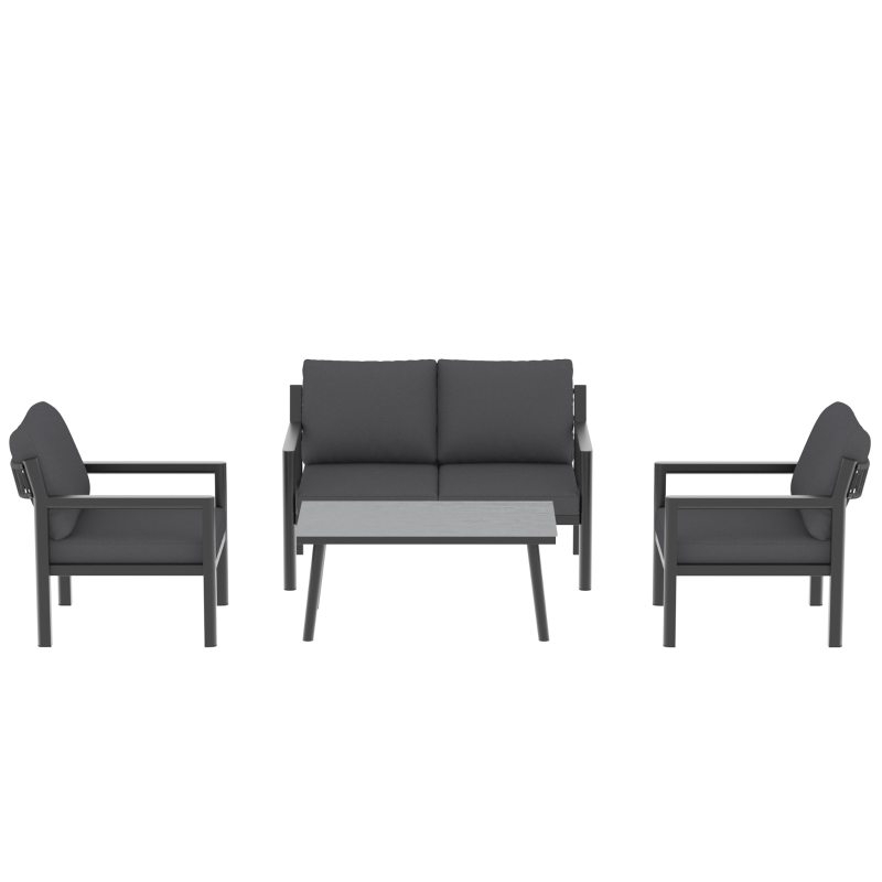 Outsunny 4 Seater Rattan Garden Furniture Set with 2 Armchairs, Loveseat, Coffee Table, Garden Sofa Set with Cushions, Dark Grey