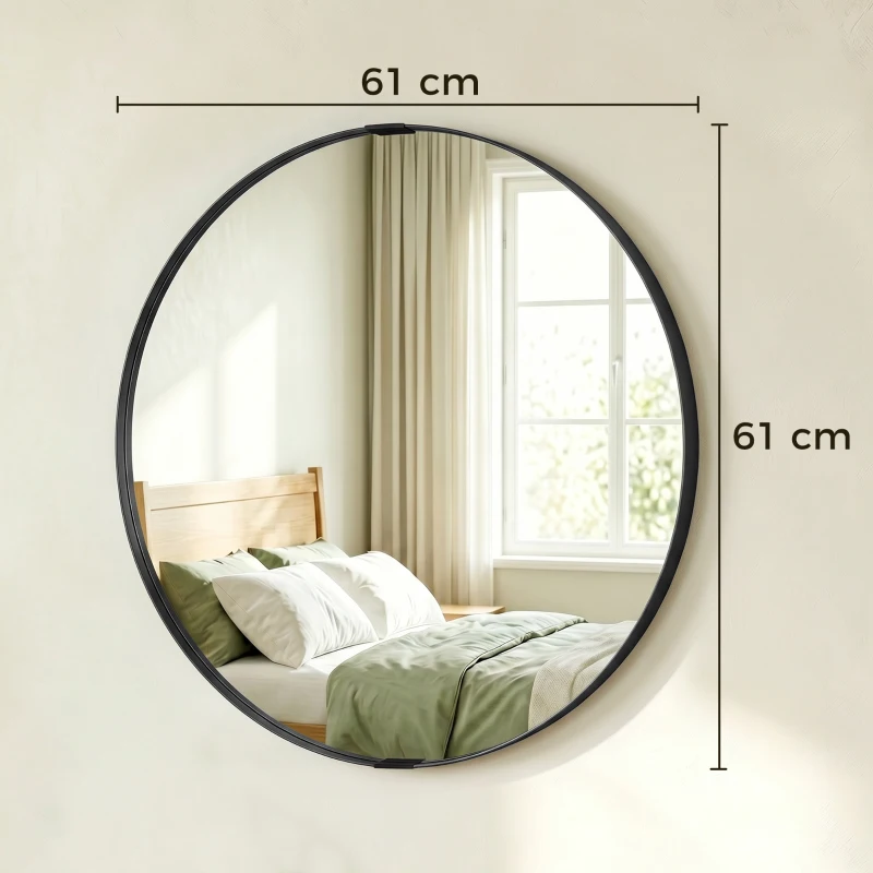 HOMCOM Round Wall Mirror 61 cm, Wall Mounted Bathroom Mirror with Tempered Safety Glass and Aluminium Alloy Frame, Black