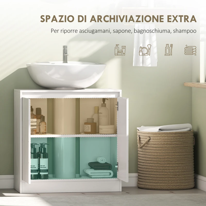 HOMCOM Mobile Sottolavabo per Bagno con 2 Ante, Mobiletto Sottolavabo con Ripiano Regolabile, per Lavabi senza o con Colonna, 60x30x59.8 cm, Bianco