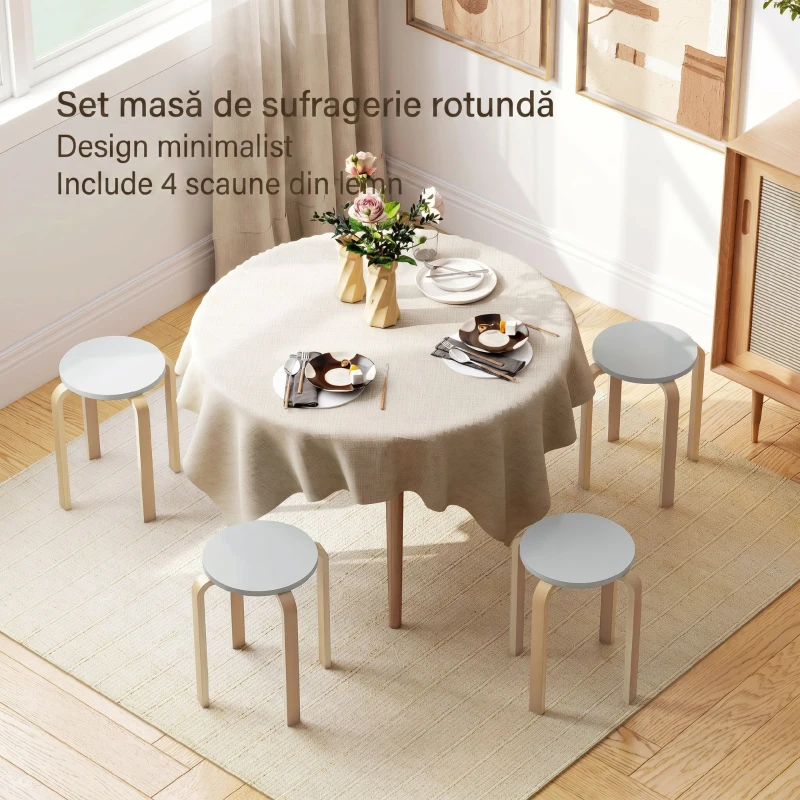 HOMCOM Set 4 Taburete Rotunde Stivuibile din Lemn Gri, Ø40x45 cm