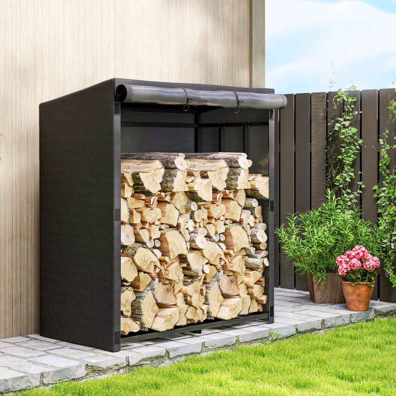 Outsunny Leñero Exterior Metálico de Chimenea Soporte para Leña con Cubierta Impermeable Carga 300 kg 140x70x154 cm Negro