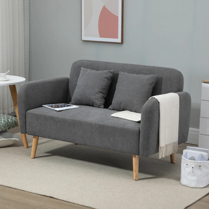 HOMCOM Kanapa 2-osobowa z 2 poduszkami dekoracyjnymi, mały loveseat, nowoczesna sofa tapicerowana o wyglądzie aksamitu do salonu, sypialni, małych pomieszczeń, szara 130 x 70 x 80 cm