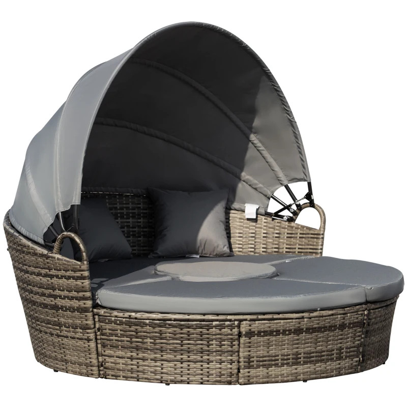 Outsunny Outdoor PE Rattan Garden Furniture with Cushioned, Patio Wicker Conversation Furniture Set, Round Daybed with Retractable Canopy, Coffee Table and Three Pillows, Dark Grey/Grey
