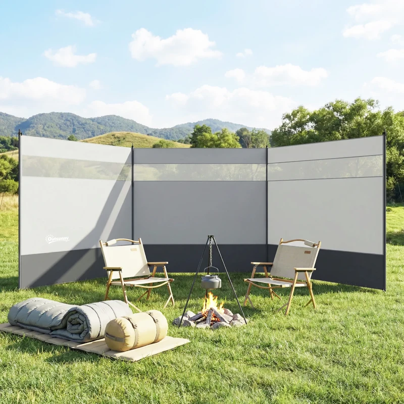 Outsunny Paravent brise-vent de camping portable pliable avec sac de transport et poteaux en acier dim. 440 cm x 140 cm gris clair
