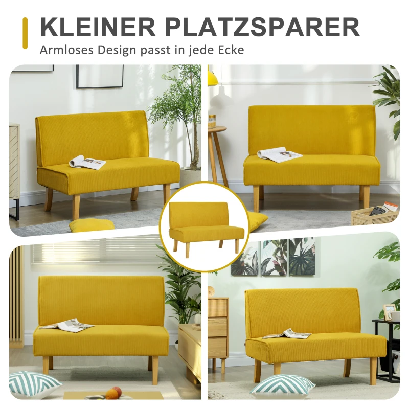 HOMCOM Tweezitsbank met Corduroy Bekleding, Dikke Vulling en Stevige Houten Poten voor Woonkamer, Slaapkamer, Kantoor, Geel
