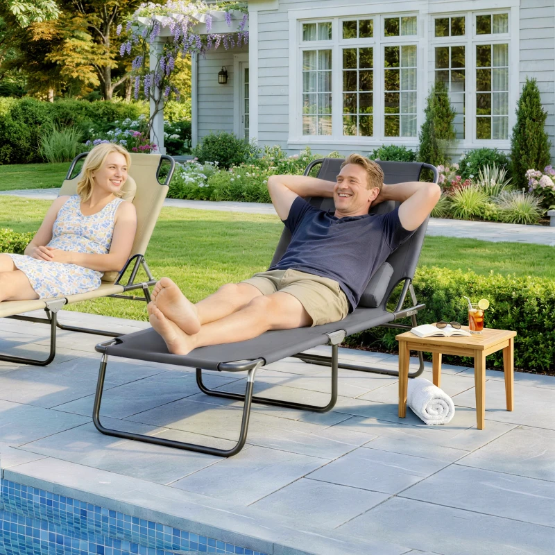 Outsunny Bain de Soleil Pliable transat inclinable 4 Positions Chaise Longue 3 Coussins fournis Gris