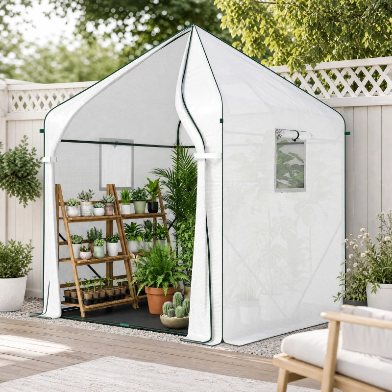 Outsunny Walk-in Greenhouse for Outdoors with Steel Frame, Large Plant House with Roll-up Door and PE Ground Cover, White